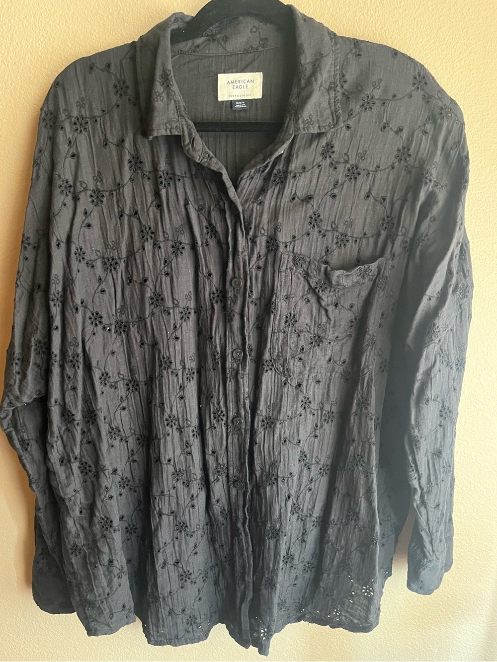 American Eagle Outfitters Women's Black Embroidered Button-Down Shirt